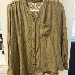 Free People Shirt Womens XSmall Olive Green Cotton Button Up Mesh Back Oversized